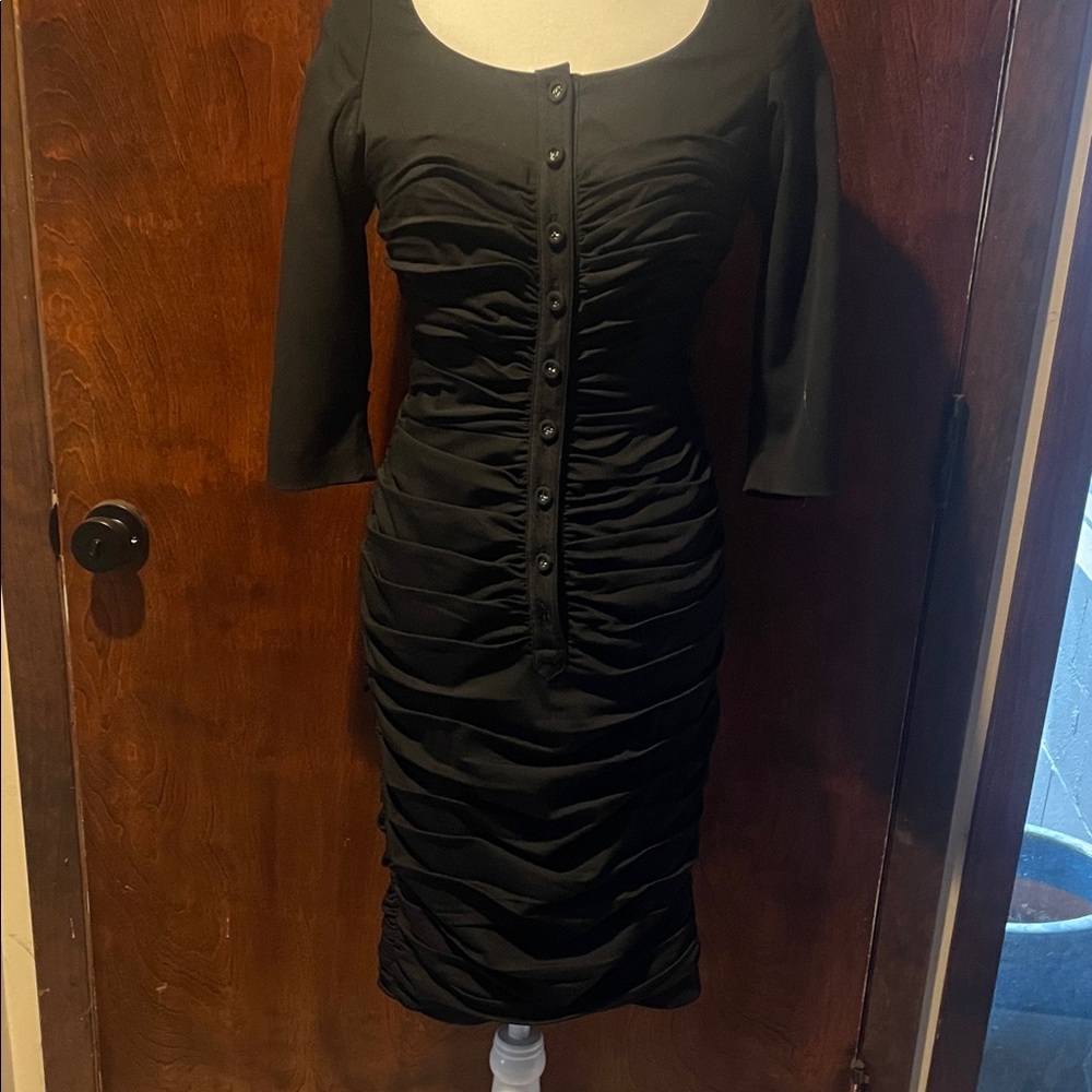 Byron Lars Black Ruched Button-Front Midi Dress